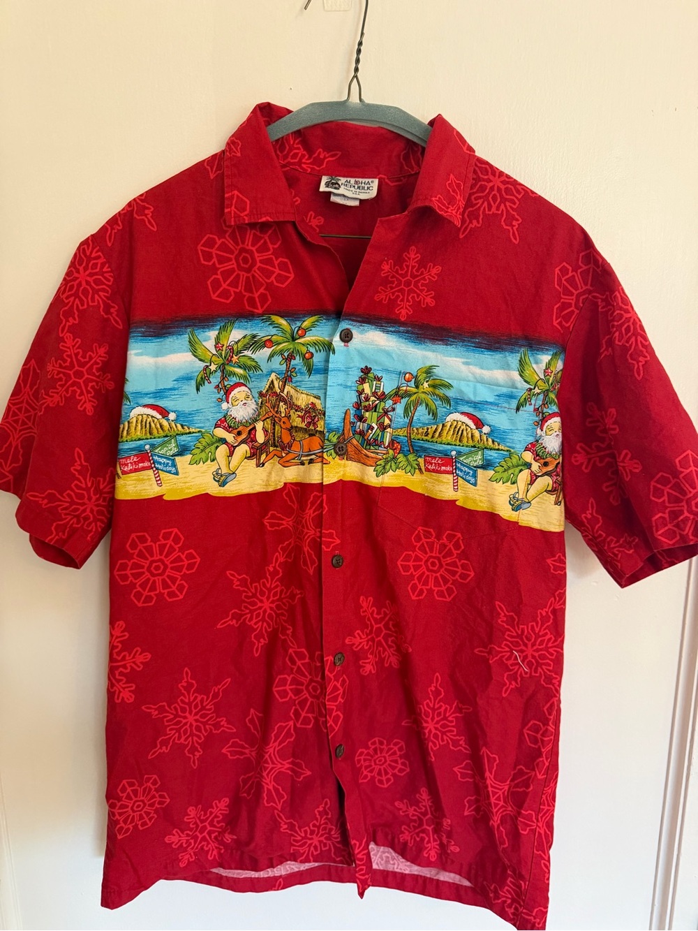 Vintage Aloha Republic Hawaiian Christmas Shirt M Red Santa Tropical Pole